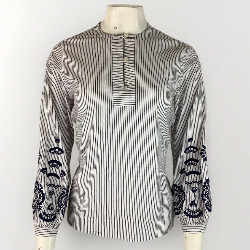 J Crew Sz XXS Striped Embroidered Tie Waist Tunic Top Blue Red 100% Cotton